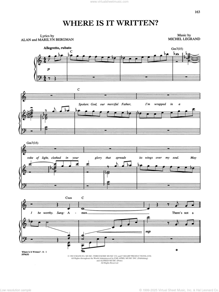 Where Is It Written? sheet music for voice, piano or guitar by Alan and Marilyn Bergman and Michel Legrand, Alan Bergman, Marilyn Bergman and Michel LeGrand, intermediate skill level