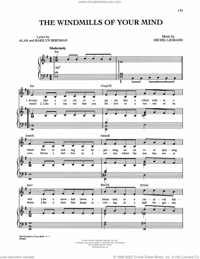 The Windmills Of Your Mind sheet music for voice, piano or guitar by Alan and Marilyn Bergman and Michel Legrand, Alan Bergman, Marilyn Bergman and Michel LeGrand, intermediate skill level