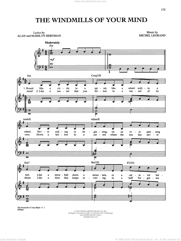 The Windmills Of Your Mind sheet music for voice, piano or guitar by Alan and Marilyn Bergman and Michel Legrand, Alan Bergman, Marilyn Bergman and Michel LeGrand, intermediate skill level