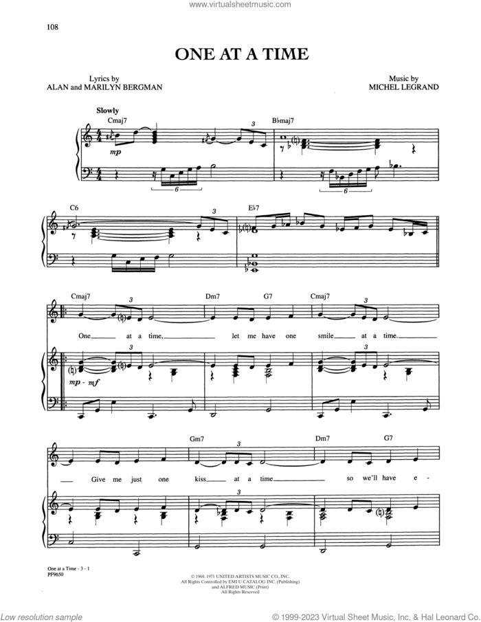 One At A Time sheet music for voice, piano or guitar by Alan and Marilyn Bergman and Michel Legrand, Alan Bergman, Marilyn Bergman and Michel LeGrand, intermediate skill level