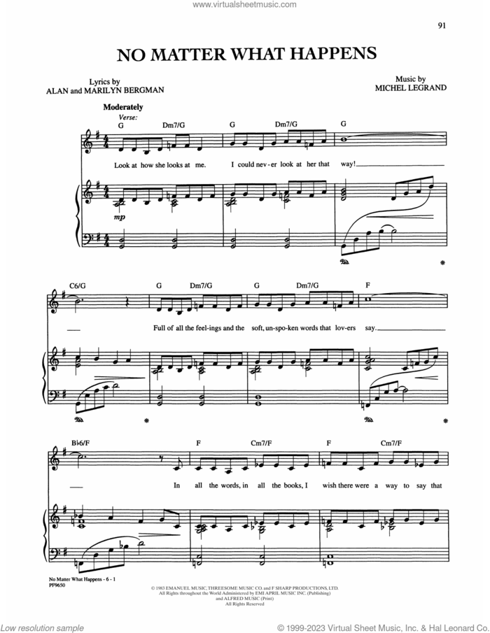 No Matter What Happens sheet music for voice, piano or guitar by Alan and Marilyn Bergman and Michel Legrand, Alan Bergman, Marilyn Bergman and Michel LeGrand, intermediate skill level