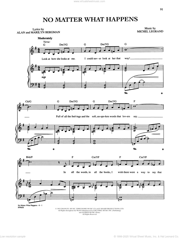 No Matter What Happens sheet music for voice, piano or guitar by Alan and Marilyn Bergman and Michel Legrand, Alan Bergman, Marilyn Bergman and Michel LeGrand, intermediate skill level