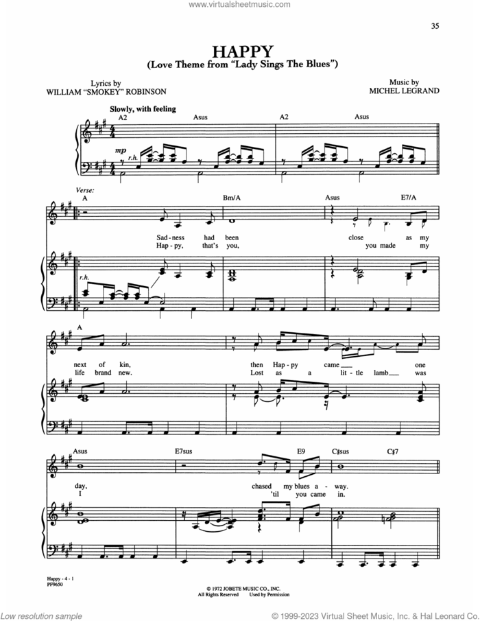 Happy (Love Theme from Lady Sings The Blues) sheet music for voice, piano or guitar by Michael Jackson and Michel LeGrand, intermediate skill level