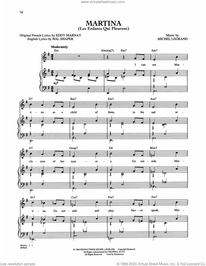 Martina (Les Enfants Qui Pleurent) sheet music for voice, piano or guitar by Michel LeGrand, Eddie Marnay and Hal Shaper, intermediate skill level