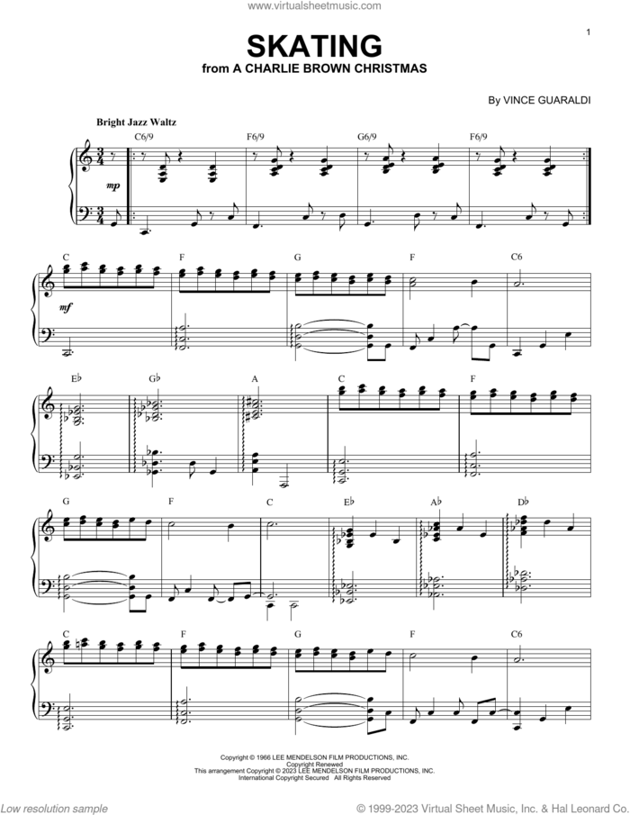 Skating [Jazz version] (arr. Brent Edstrom) sheet music for piano solo by Vince Guaraldi and Brent Edstrom, intermediate skill level