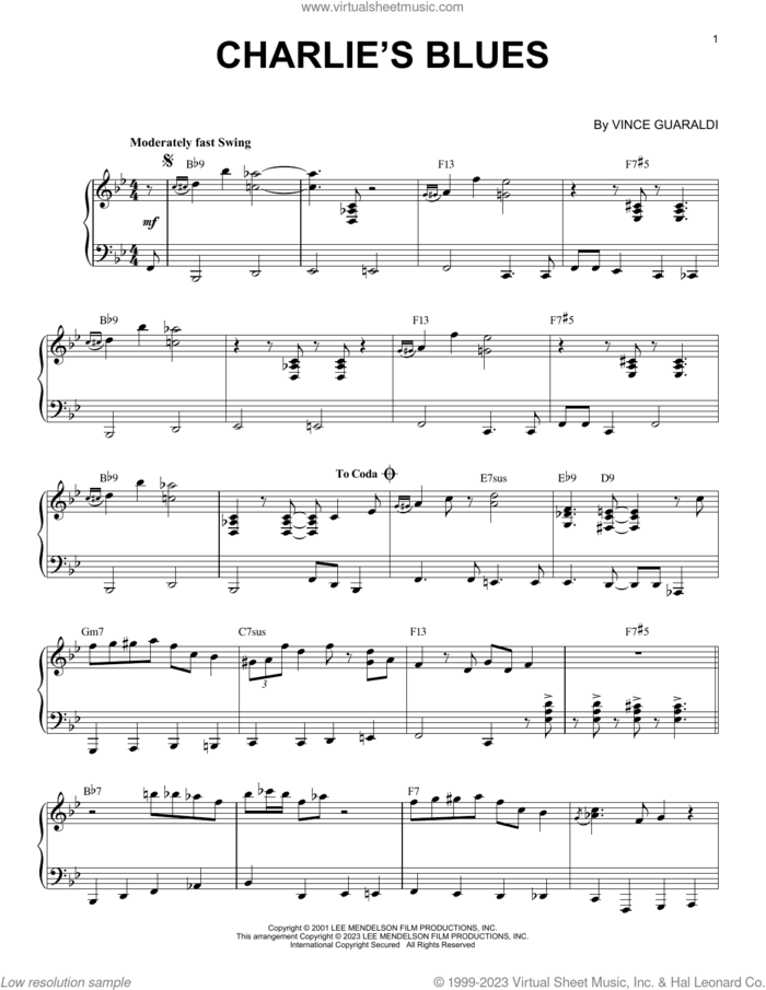 Charlie's Blues [Jazz version] (arr. Brent Edstrom) sheet music for piano solo by Vince Guaraldi and Brent Edstrom, intermediate skill level