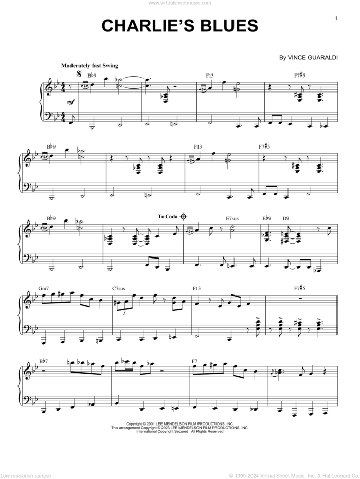 Charlie's Blues [Jazz version] (arr. Brent Edstrom) sheet music for piano solo by Vince Guaraldi and Brent Edstrom, intermediate skill level