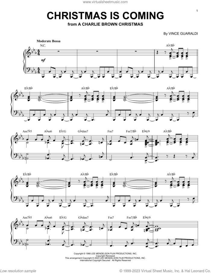Christmas Is Coming [Jazz version] (arr. Brent Edstrom) sheet music for piano solo by Vince Guaraldi and Brent Edstrom, intermediate skill level