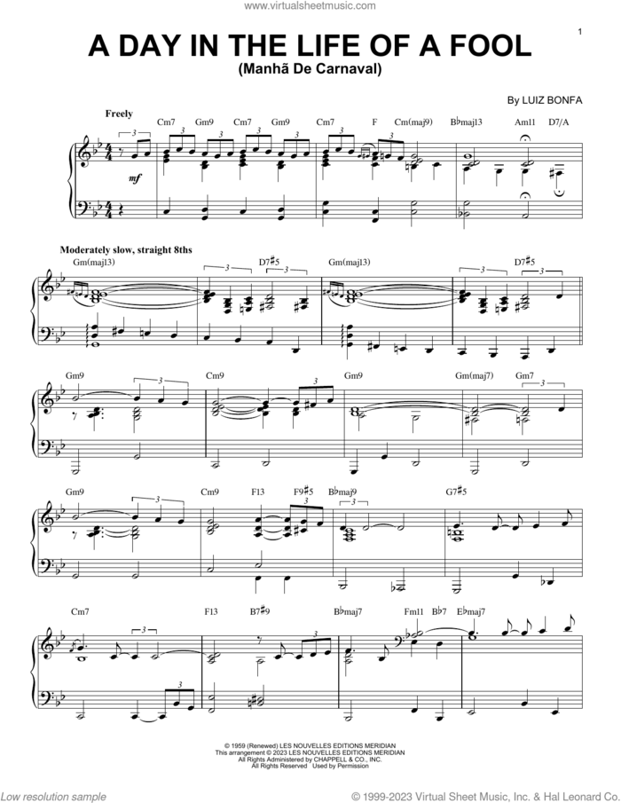 A Day In The Life Of A Fool (Manha De Carnaval) [Jazz version] (arr. Brent Edstrom) sheet music for piano solo by Vince Guaraldi, Brent Edstrom, Carl Sigman and Luiz Bonfa, intermediate skill level