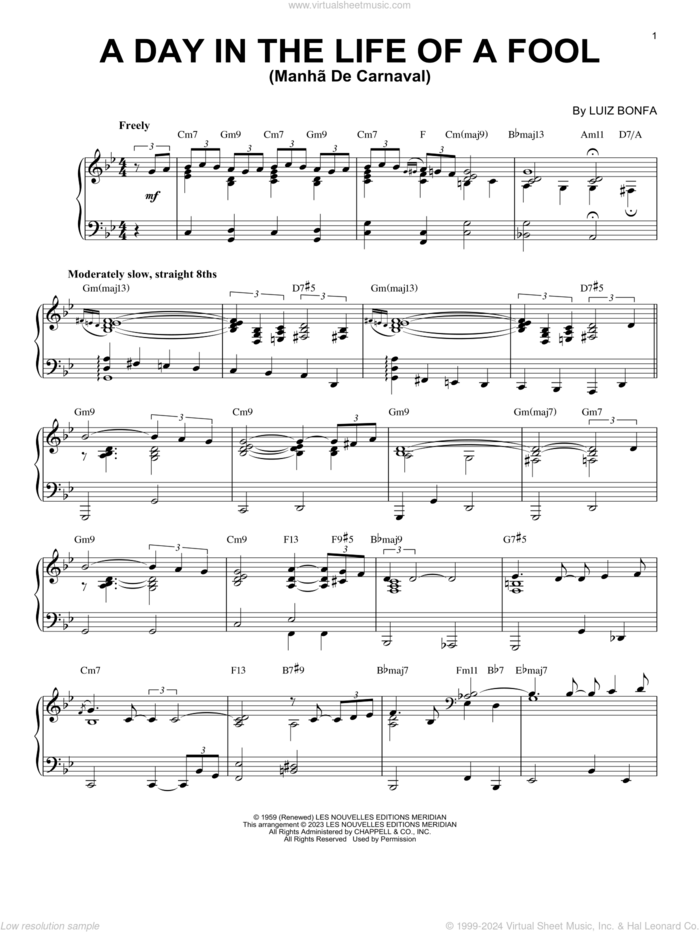 A Day In The Life Of A Fool (Manha De Carnaval) [Jazz version] (arr. Brent Edstrom) sheet music for piano solo by Vince Guaraldi, Brent Edstrom, Carl Sigman and Luiz Bonfa, intermediate skill level