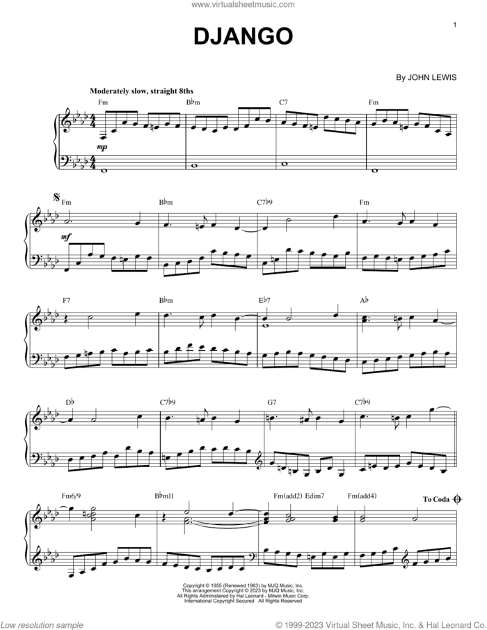 Django [Jazz version] (arr. Brent Edstrom) sheet music for piano solo by Vince Guaraldi, Brent Edstrom and John Lewis, intermediate skill level
