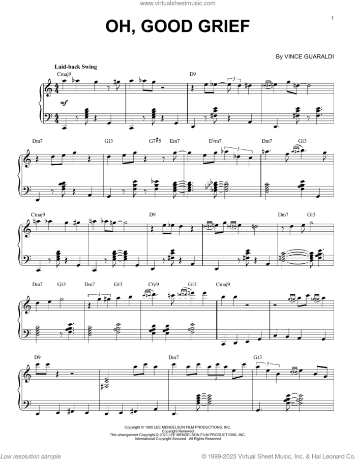 Oh, Good Grief [Jazz version] (arr. Brent Edstrom) sheet music for piano solo by Vince Guaraldi and Brent Edstrom, intermediate skill level
