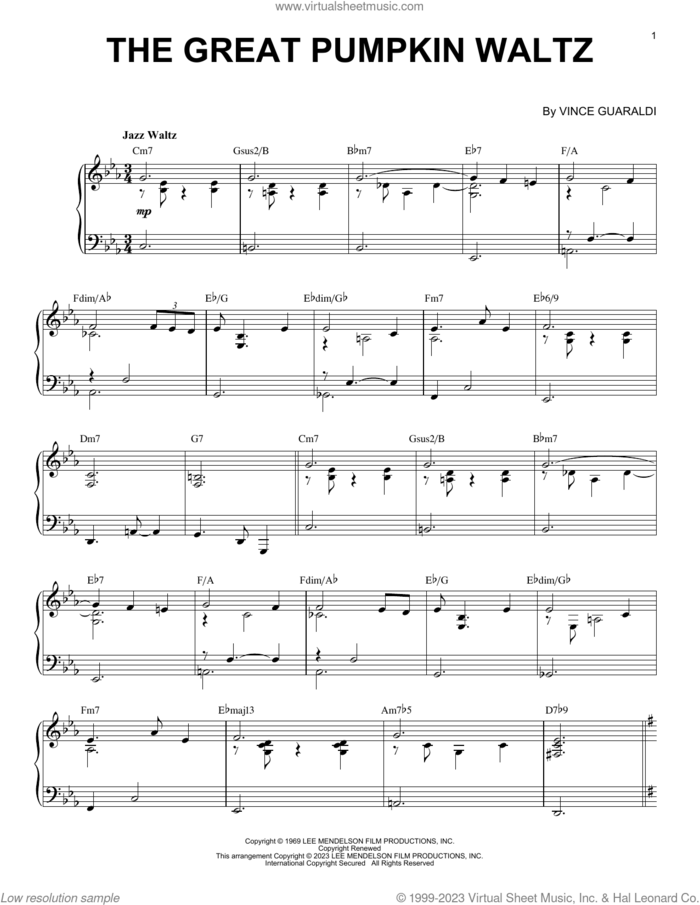 The Great Pumpkin Waltz [Jazz version] (arr. Brent Edstrom) sheet music for piano solo by Vince Guaraldi and Brent Edstrom, intermediate skill level