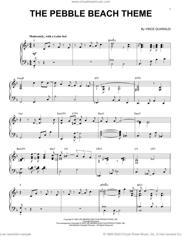 The Pebble Beach Theme [Jazz version] (arr. Brent Edstrom) sheet music for piano solo by Vince Guaraldi and Brent Edstrom, intermediate skill level