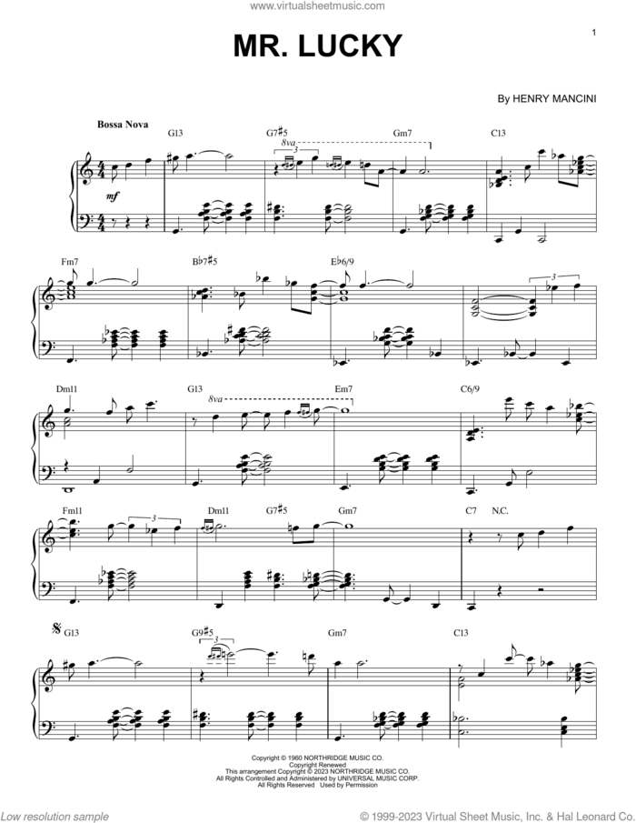 Mr. Lucky [Jazz version] (arr. Brent Edstrom) sheet music for piano solo by Vince Guaraldi, Brent Edstrom and Henry Mancini, intermediate skill level