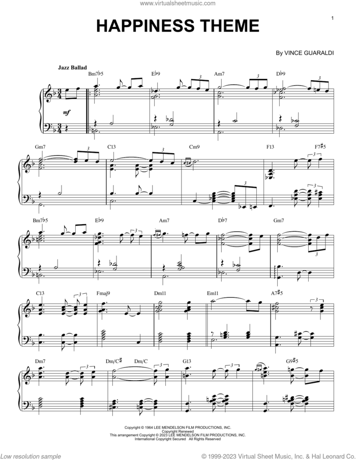Happiness Theme [Jazz version] (arr. Brent Edstrom) sheet music for piano solo by Vince Guaraldi and Brent Edstrom, intermediate skill level