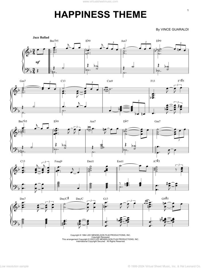 Happiness Theme [Jazz version] (arr. Brent Edstrom) sheet music for piano solo by Vince Guaraldi and Brent Edstrom, intermediate skill level