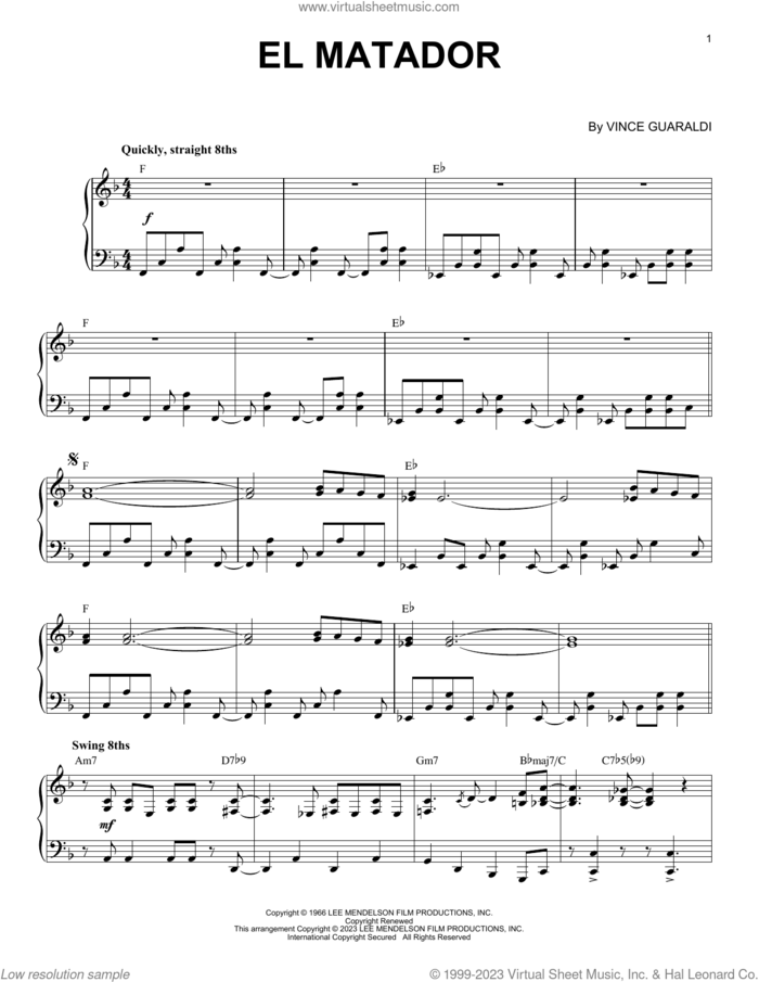 El Matador [Jazz version] (arr. Brent Edstrom) sheet music for piano solo by Vince Guaraldi and Brent Edstrom, intermediate skill level