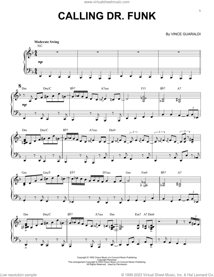 Calling Dr. Funk [Jazz version] (arr. Brent Edstrom) sheet music for piano solo by Vince Guaraldi and Brent Edstrom, intermediate skill level