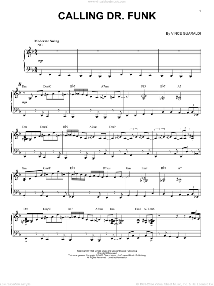 Calling Dr. Funk [Jazz version] (arr. Brent Edstrom) sheet music for piano solo by Vince Guaraldi and Brent Edstrom, intermediate skill level