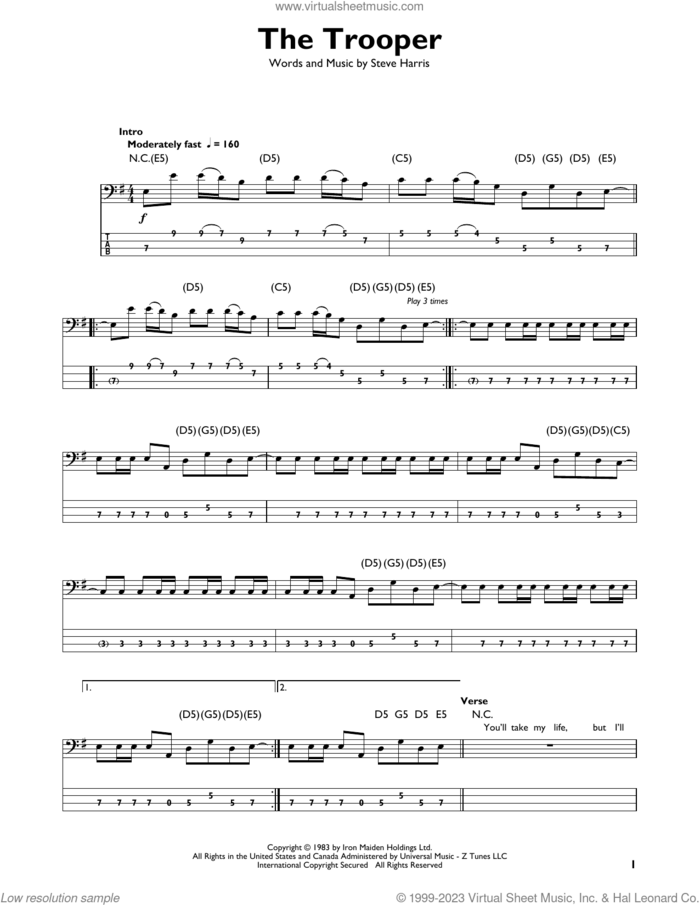 The Trooper sheet music for bass solo by Iron Maiden and Steve Harris, intermediate skill level
