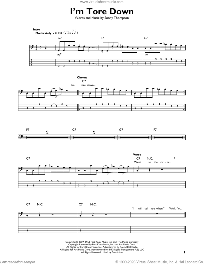I'm Tore Down sheet music for bass solo by Eric Clapton, Freddie King and Sonny Thompson, intermediate skill level