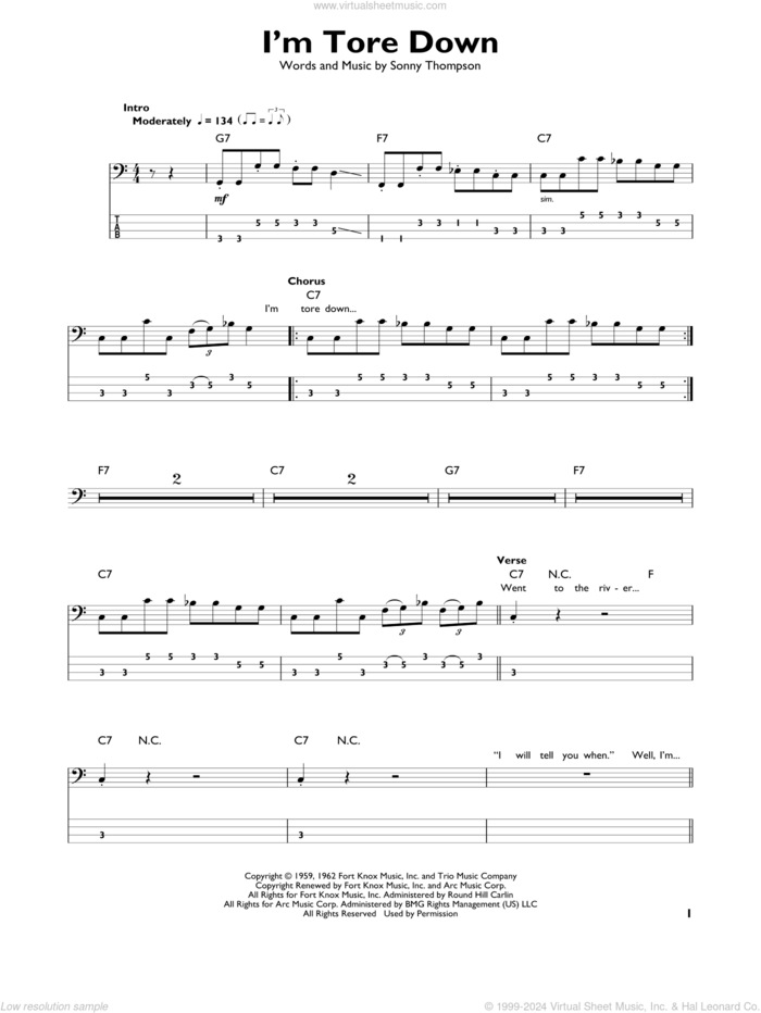 I'm Tore Down sheet music for bass solo by Eric Clapton, Freddie King and Sonny Thompson, intermediate skill level