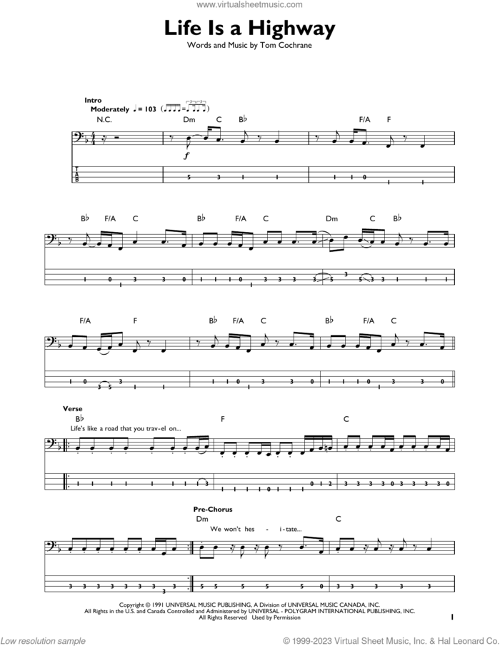Life Is A Highway sheet music for bass solo by Rascal Flatts and Tom Cochrane, intermediate skill level