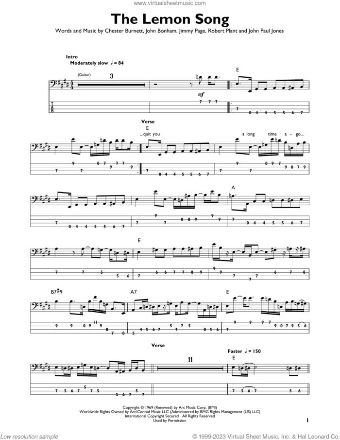 The Lemon Song sheet music for bass solo by Led Zeppelin, Chester Burnett, Jimmy Page, John Bonham, John Paul Jones and Robert Plant, intermediate skill level