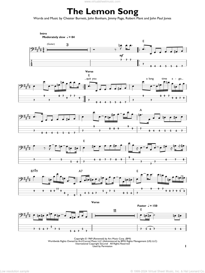 The Lemon Song sheet music for bass solo by Led Zeppelin, Chester Burnett, Jimmy Page, John Bonham, John Paul Jones and Robert Plant, intermediate skill level