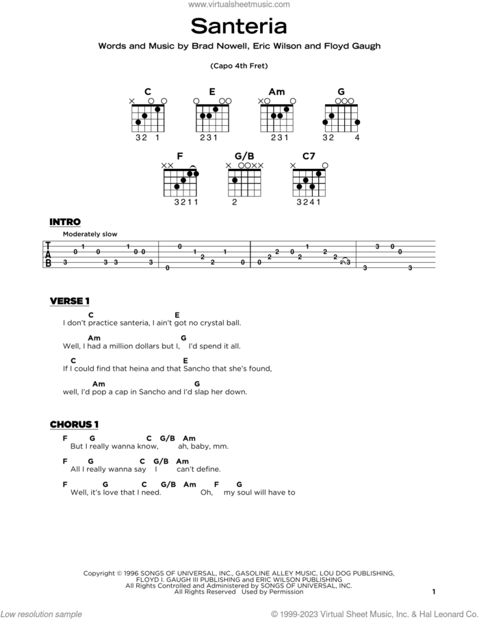 Santeria sheet music for guitar solo by Sublime, Brad Nowell, Eric Wilson and Floyd Gaugh, beginner skill level