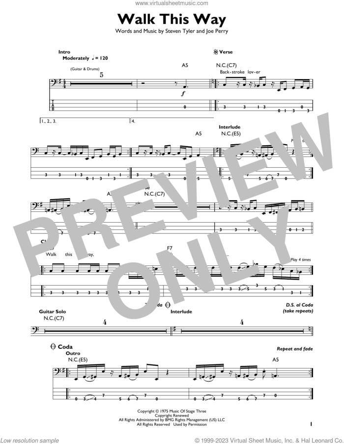 Walk This Way sheet music for bass solo by Aerosmith, Joe Perry and Steven Tyler, intermediate skill level