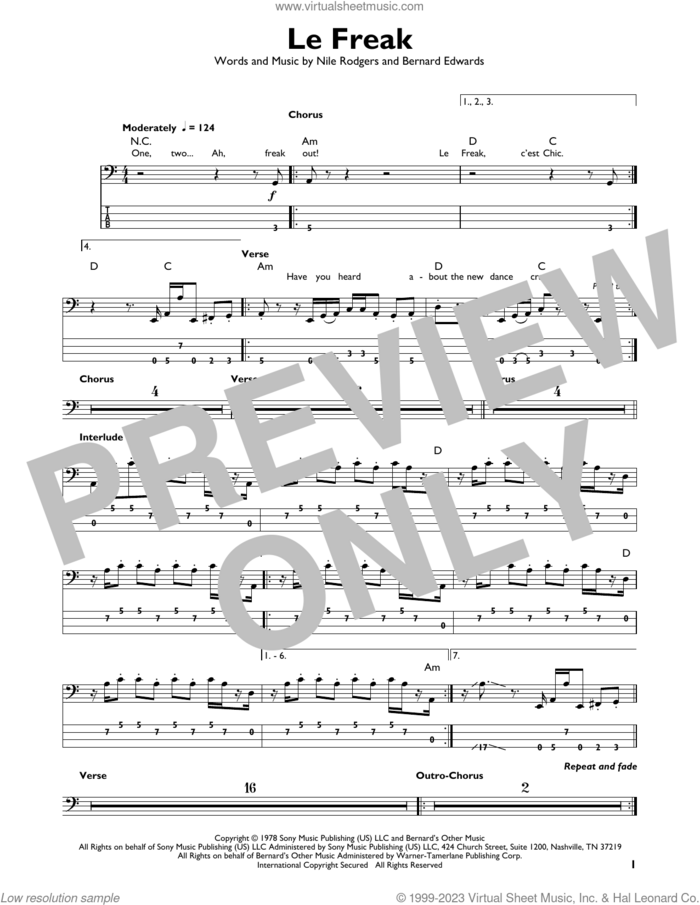 Le Freak sheet music for bass solo by Chic, Bernard Edwards and Nile Rodgers, intermediate skill level