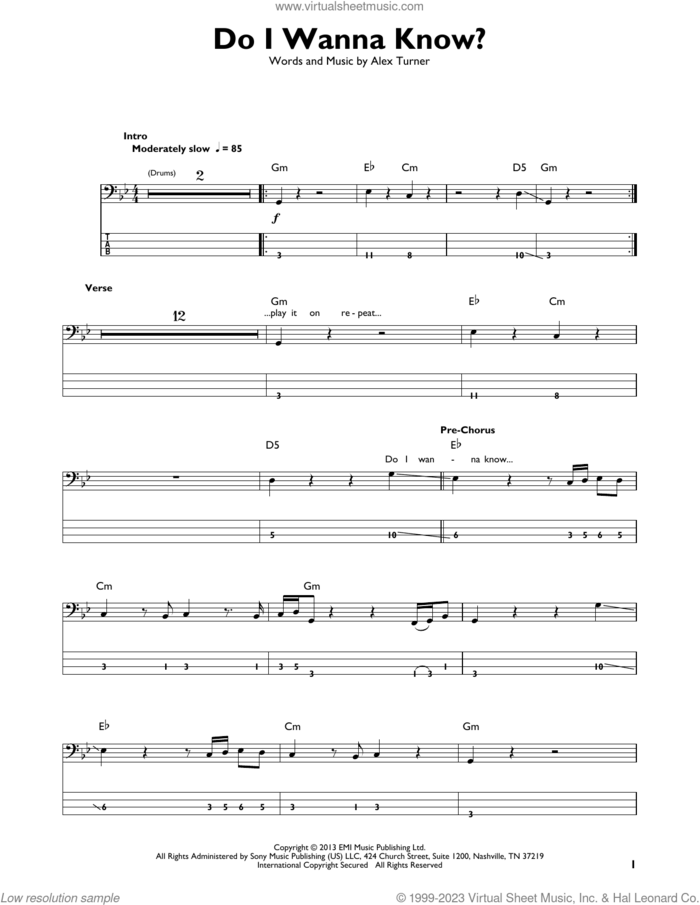 Do I Wanna Know? sheet music for bass solo by Arctic Monkeys and Alex Turner, intermediate skill level