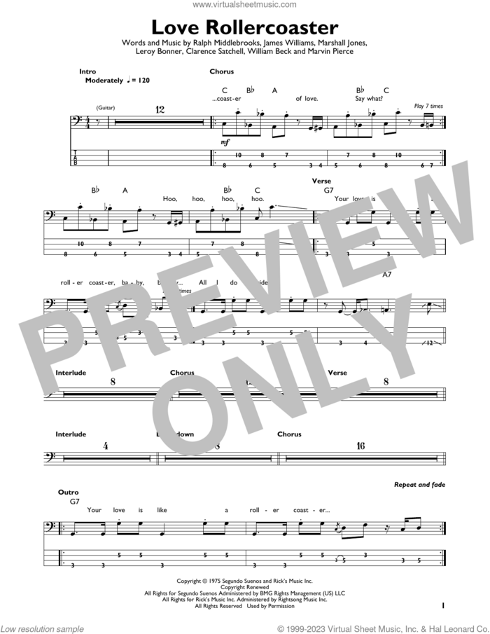 Love Rollercoaster sheet music for bass solo by Ohio Players, Red Hot Chili Peppers, Clarence Satchell, James L. Williams, Leroy Bonner, Marshall Jones, Marvin R. Pierce, Ralph Middlebrooks and Willie Beck, intermediate skill level