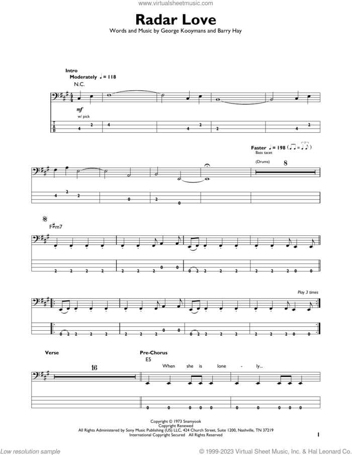 Radar Love sheet music for bass solo by Golden Earring, White Lion, Barry Hay and George Kooymans, intermediate skill level