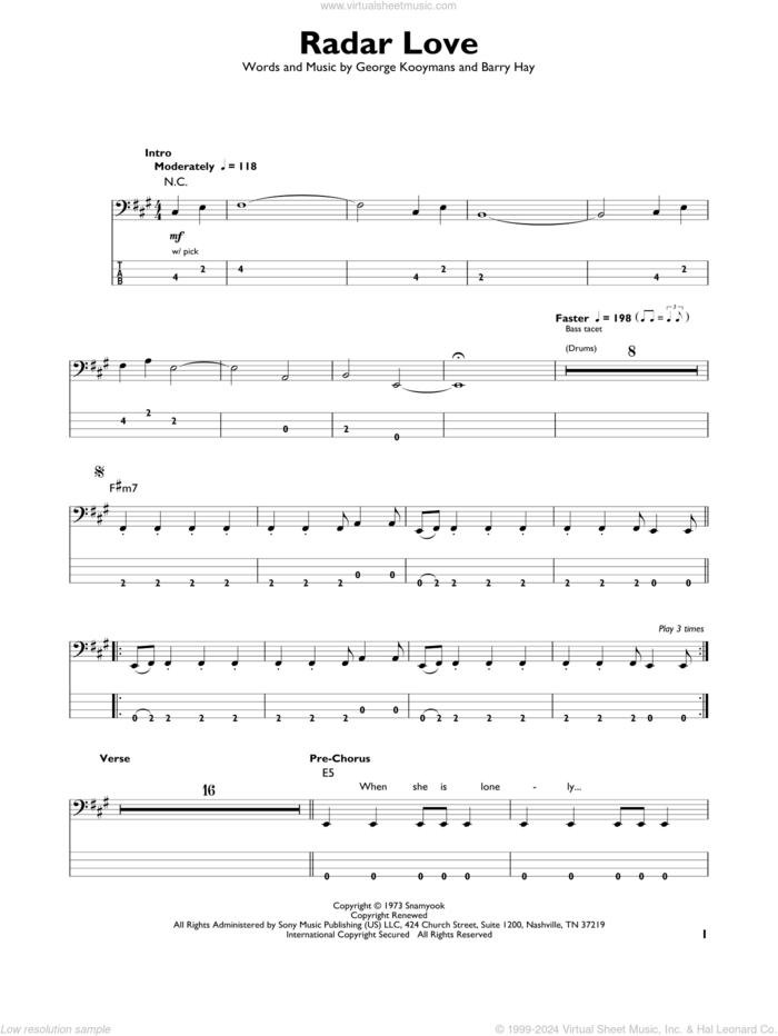 Radar Love sheet music for bass solo by Golden Earring, White Lion, Barry Hay and George Kooymans, intermediate skill level