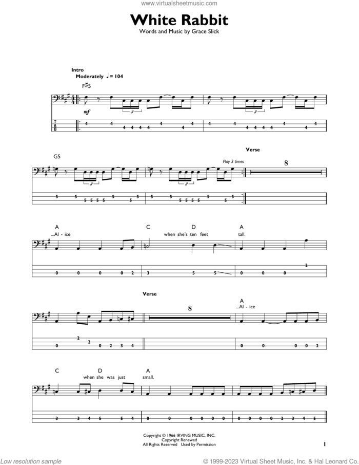 White Rabbit sheet music for bass solo by Jefferson Airplane and Grace Slick, intermediate skill level