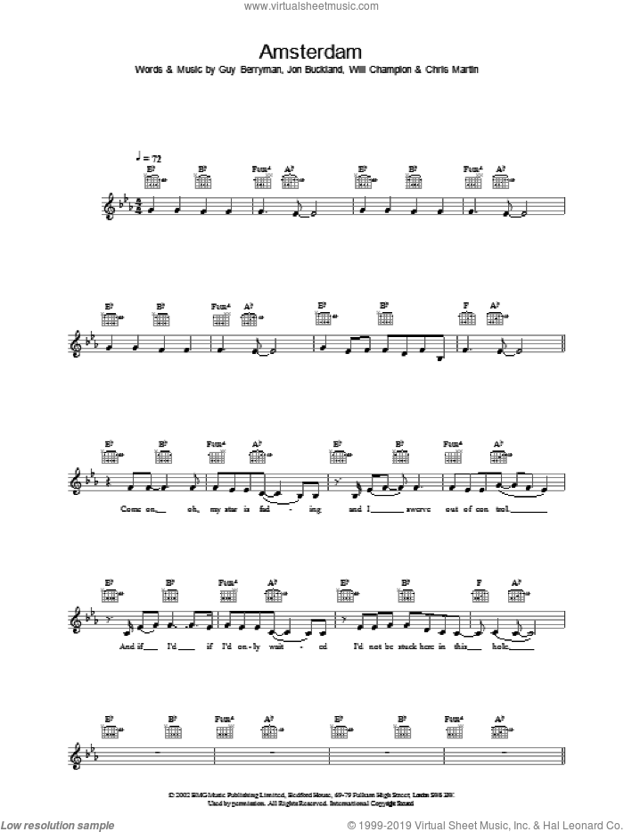 Amsterdam sheet music for voice and other instruments (fake book) by Coldplay, intermediate skill level