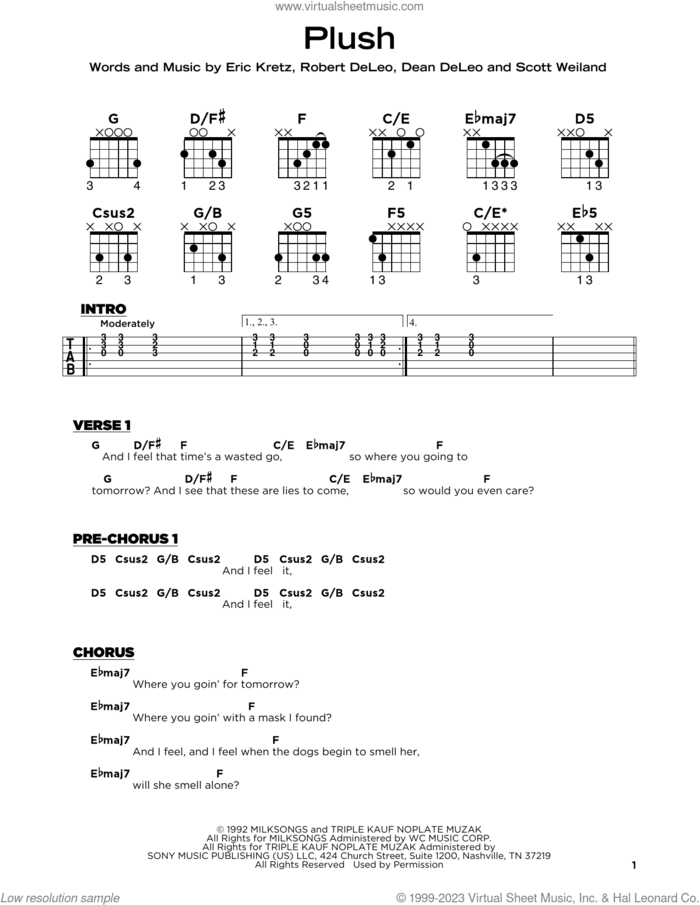 Plush sheet music for guitar solo by Stone Temple Pilots, Dean DeLeo, Eric Kretz, Robert DeLeo and Scott Weiland, beginner skill level