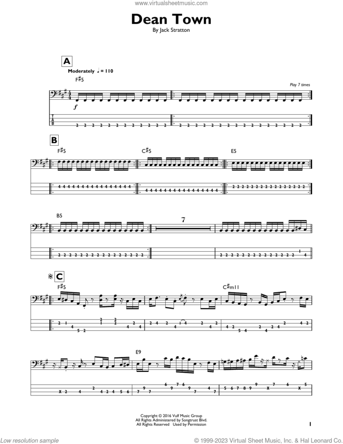 Dean Town sheet music for bass solo by Vulfpeck and Jack Stratton, intermediate skill level