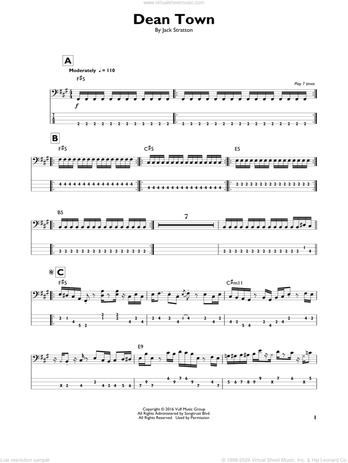 Dean Town sheet music for bass solo by Vulfpeck and Jack Stratton, intermediate skill level