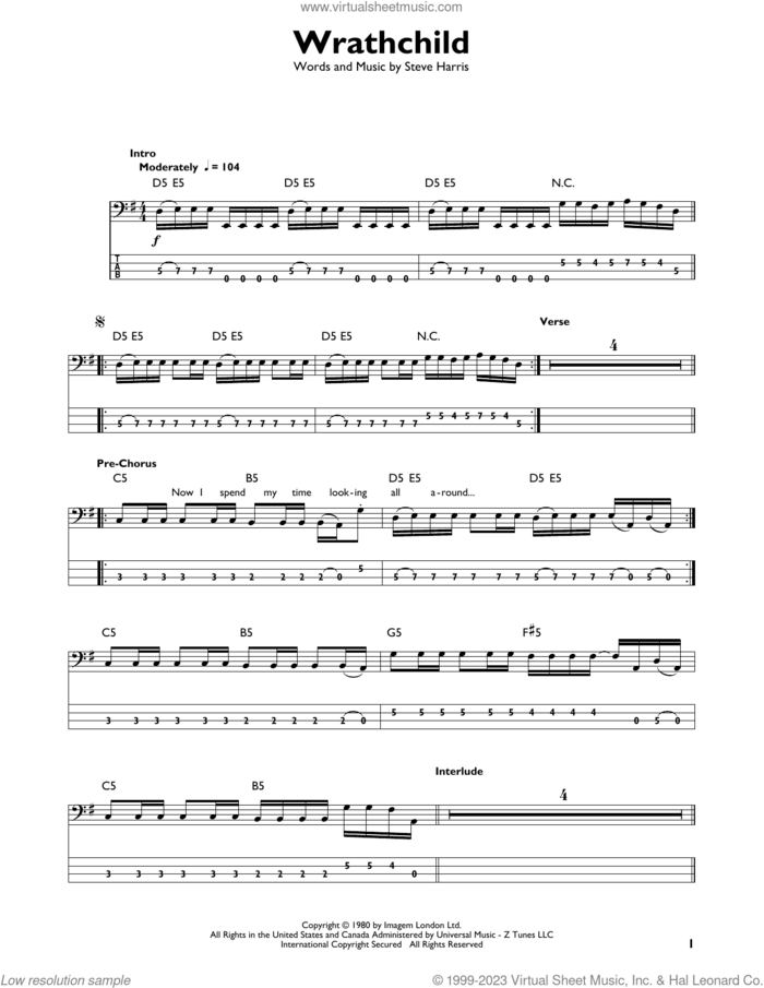Wrathchild sheet music for bass solo by Iron Maiden and Steve Harris, intermediate skill level