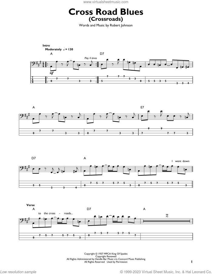 Cross Road Blues (Crossroads) sheet music for bass solo by Cream, Eric Clapton and Robert Johnson, intermediate skill level