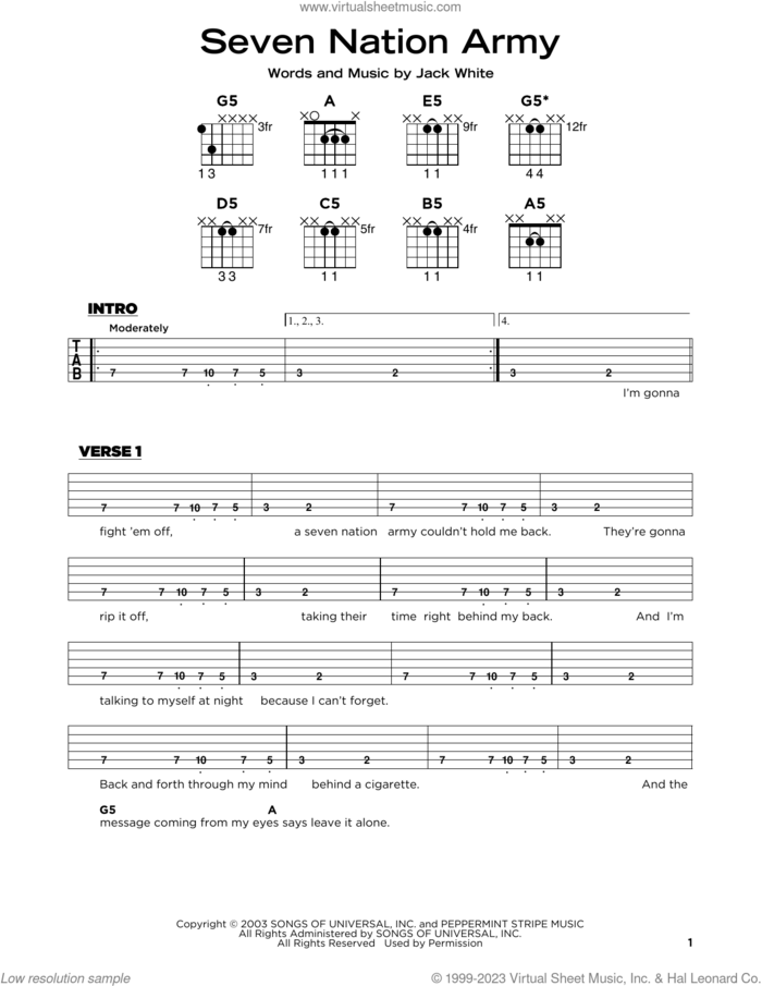 Seven Nation Army sheet music for guitar solo by White Stripes and Jack White, beginner skill level