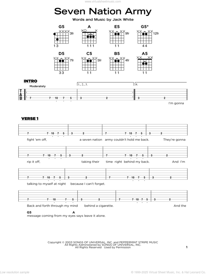 Seven Nation Army sheet music for guitar solo by White Stripes and Jack White, beginner skill level