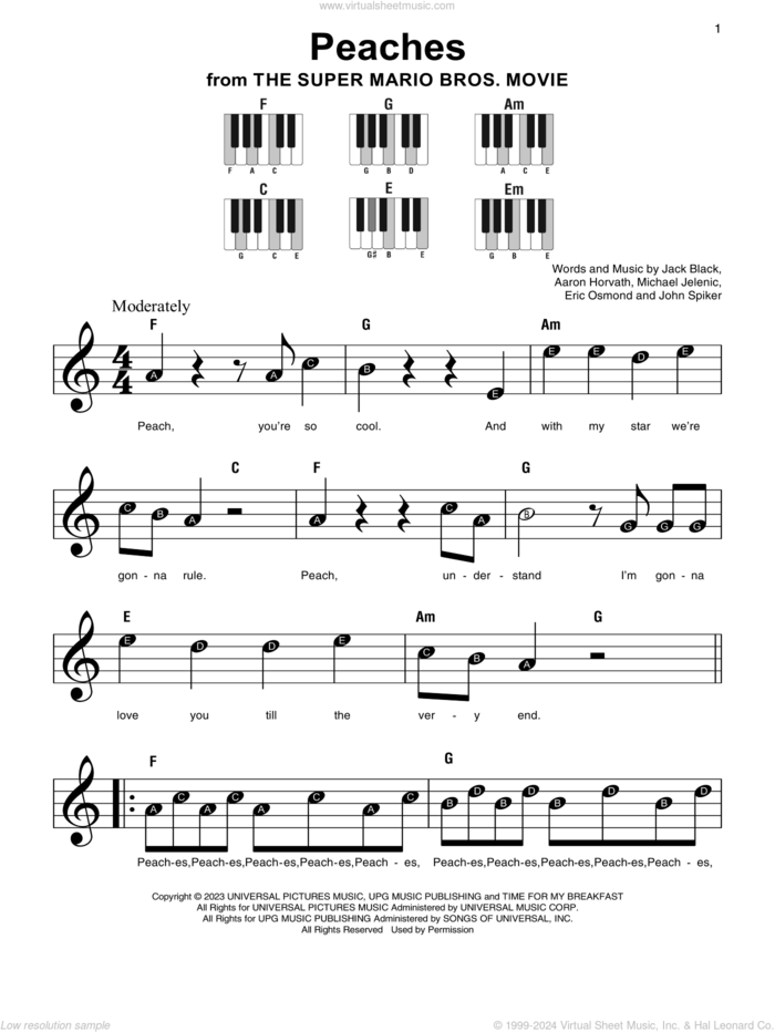 Peaches (from The Super Mario Bros. Movie), (beginner) sheet music for piano solo by Jack Black, Aaron Horvath, Eric Osmond, John Spiker and Michael Jelenic, beginner skill level