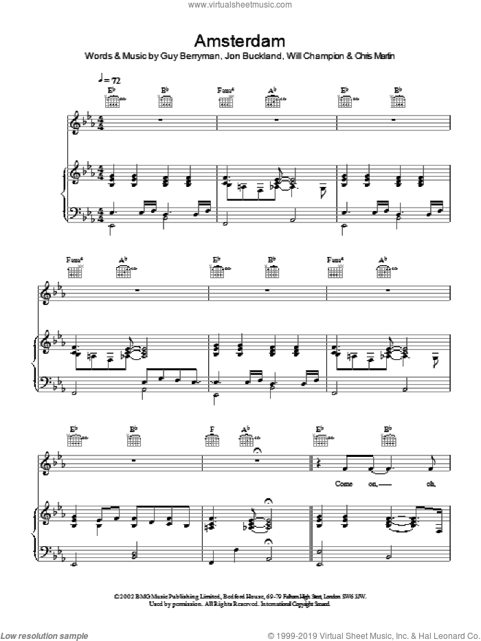 Amsterdam sheet music for voice, piano or guitar by Coldplay, intermediate skill level