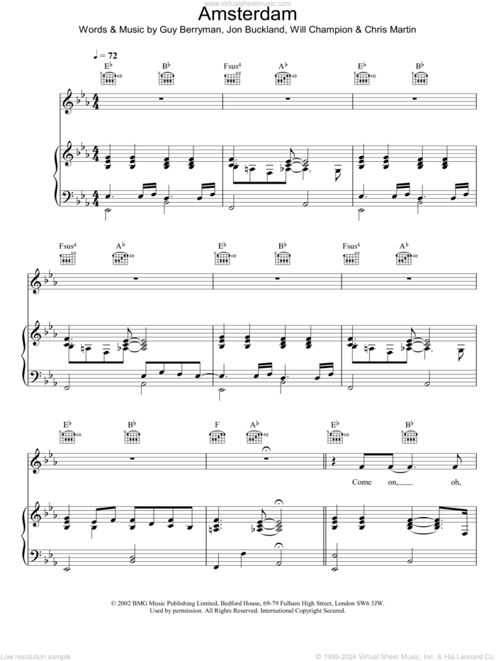 Amsterdam sheet music for voice, piano or guitar by Coldplay, intermediate skill level