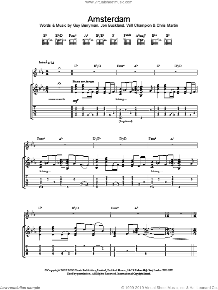 Amsterdam sheet music for guitar (tablature) by Coldplay, intermediate skill level